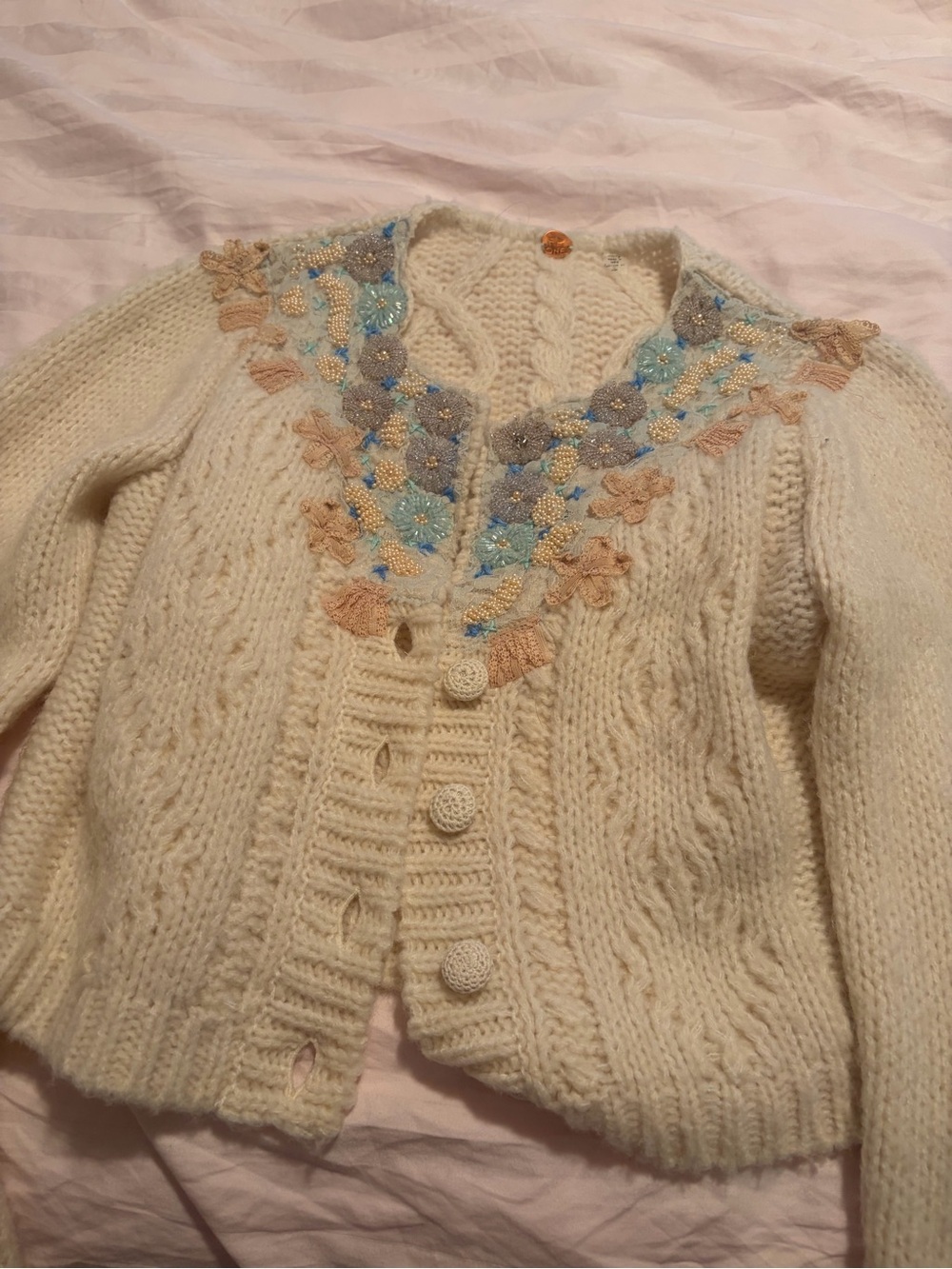 Free People - Cream Cable Knit Cardigan with Blue & Turquoise Floral Appliqué